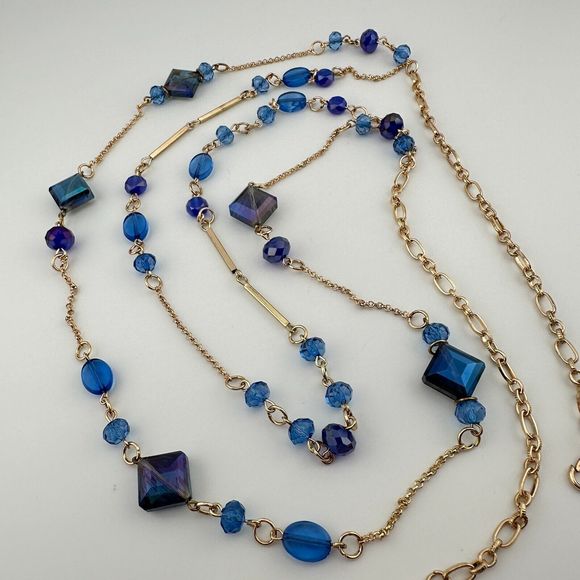 Blue Iridescent Plastic Beads Double Gold Tone Chain Necklace Vintage Style 36" - Picture 3 of 9